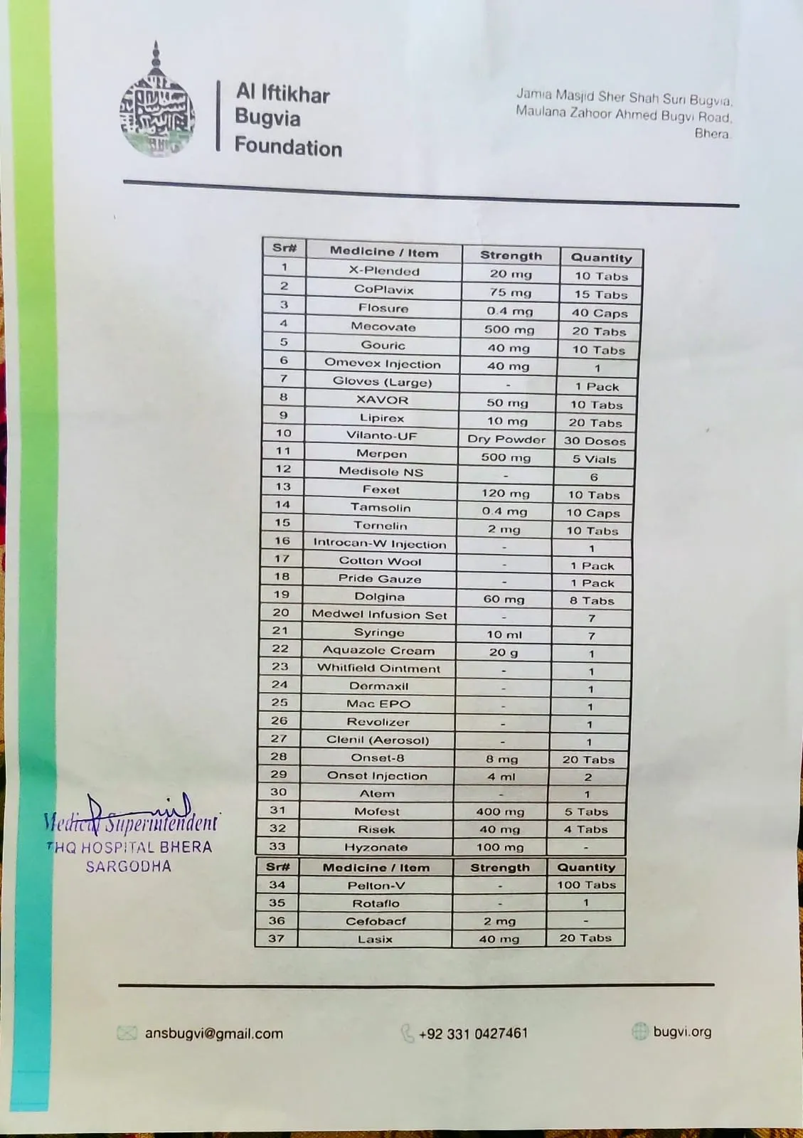 Medicine delivered to THQ Hospital Bhera